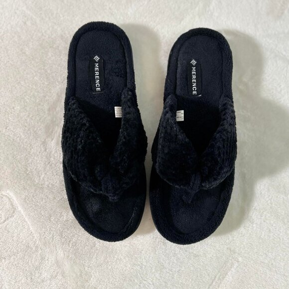 Women's Black Fuzzy Thong Slippers with Memory Foam Sole for Support - Picture 7 of 12
